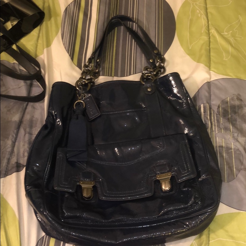 Large Blue Patent Leather Coach Purse